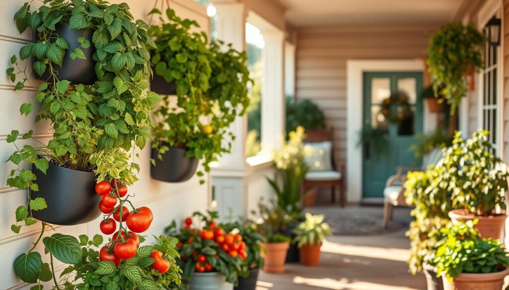 vertical planters with edible plants on a porch
