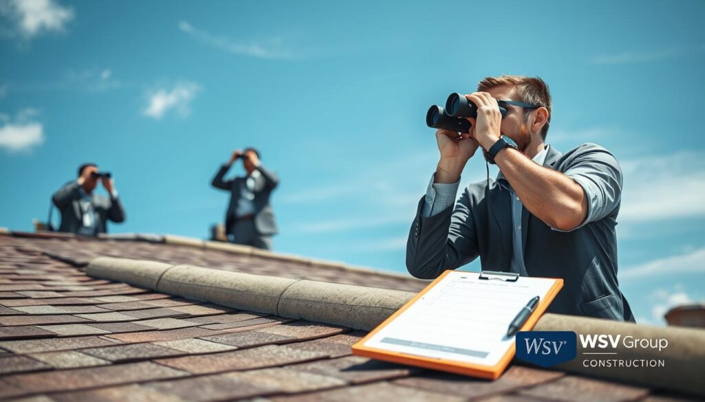 A professional team of roof inspectors, wearing business attire, examines a sloped residential roof in sunny Florida. In the foreground, a qualified inspector uses binoculars to assess the roof's condition, while a clipboard with a checklist lies on a nearby roof edge. The middle ground features the textured surface of a well-maintained shingle roof, showcasing detailed elements like flashing, vents, and clean gutters. In the background, a clear blue sky with a few wispy clouds enhances the bright, optimistic atmosphere. Soft, natural sunlight casts gentle shadows, emphasizing the expertise and diligence of the inspectors. The image subtly incorporates the branding "WSV Group Construction" on the clipboard, reinforcing professionalism. The overall mood is proactive, focused on ensuring home safety and maintenance. A professional team of roof inspectors, wearing business attire, examines a sloped residential roof in sunny Florida. In the foreground, a qualified inspector uses binoculars to assess the roof's condition, while a clipboard with a checklist lies on a nearby roof edge. The middle ground features the textured surface of a well-maintained shingle roof, showcasing detailed elements like flashing, vents, and clean gutters. In the background, a clear blue sky with a few wispy clouds enhances the bright, optimistic atmosphere. Soft, natural sunlight casts gentle shadows, emphasizing the expertise and diligence of the inspectors. The image subtly incorporates the branding "WSV Group Construction" on the clipboard, reinforcing professionalism. The overall mood is proactive, focused on ensuring home safety and maintenance.