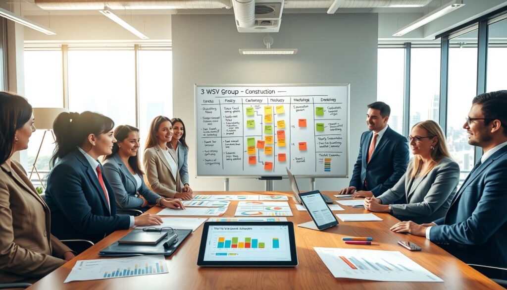 A professional workspace illustrating "3-Week Look-Ahead Schedule" planning. In the foreground, a diverse group of business professionals in smart attire are gathered around a large, wooden table covered with colorful charts, graphs, and a digital tablet displaying a project timeline. In the middle, a large whiteboard filled with strategic post-it notes and markers outlines key tasks and deadlines, labeled "WSV Group Construction." The background features a sunlit office environment with contemporary decor, large windows, and cityscape views. The lighting is bright and warm, creating a collaborative atmosphere. Capture this scene from a slightly elevated angle, showcasing the teamwork and focus involved in effective project planning. A professional workspace illustrating "3-Week Look-Ahead Schedule" planning. In the foreground, a diverse group of business professionals in smart attire are gathered around a large, wooden table covered with colorful charts, graphs, and a digital tablet displaying a project timeline. In the middle, a large whiteboard filled with strategic post-it notes and markers outlines key tasks and deadlines, labeled "WSV Group Construction." The background features a sunlit office environment with contemporary decor, large windows, and cityscape views. The lighting is bright and warm, creating a collaborative atmosphere. Capture this scene from a slightly elevated angle, showcasing the teamwork and focus involved in effective project planning.