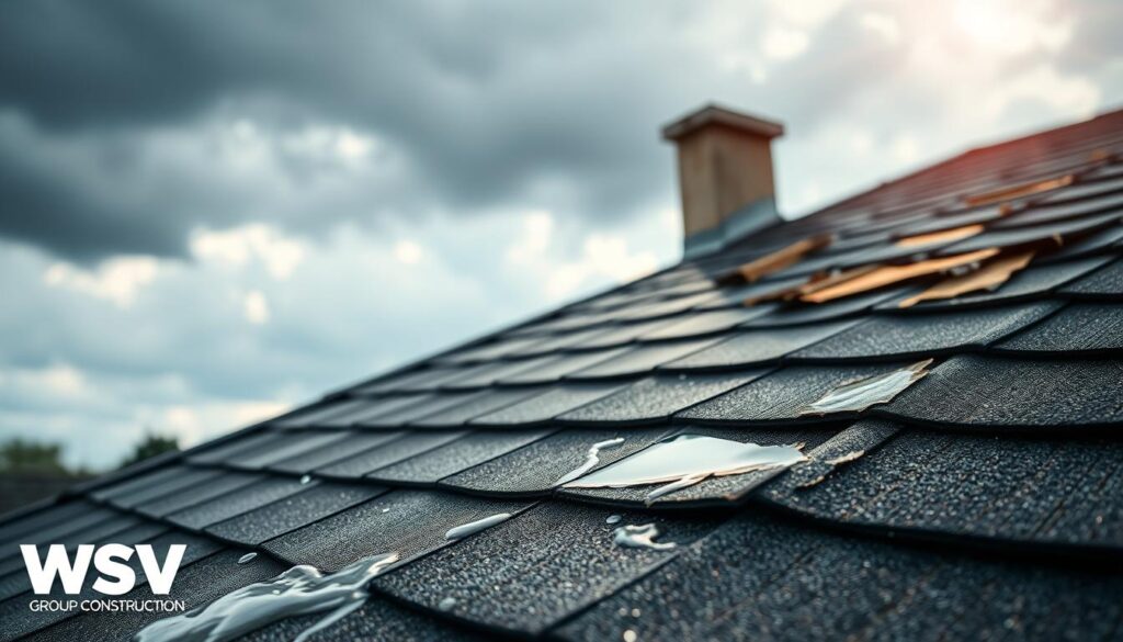 A visually striking image of a residential roof showing signs of poor drainage causing leaks. In the foreground, depict a close-up of water pooling around the base of roof shingles, with small droplets glistening in the light. In the middle ground, illustrate areas where the roofing material is damaged, revealing signs of wear, like cracks and mold growth. The background should include a cloudy sky with hints of rain, creating a gloomy atmosphere to convey urgency. Soft, diffused sunlight breaks through the clouds, casting subtle highlights on the roof. The composition should be shot from a slightly elevated angle as if someone is observing from a neighboring building. The image should evoke concern about roof maintenance and the effects of inadequate drainage, suitable for an informative article on roofing issues. Include the brand name "WSV Group Construction" subtly integrated into the scene. A visually striking image of a residential roof showing signs of poor drainage causing leaks. In the foreground, depict a close-up of water pooling around the base of roof shingles, with small droplets glistening in the light. In the middle ground, illustrate areas where the roofing material is damaged, revealing signs of wear, like cracks and mold growth. The background should include a cloudy sky with hints of rain, creating a gloomy atmosphere to convey urgency. Soft, diffused sunlight breaks through the clouds, casting subtle highlights on the roof. The composition should be shot from a slightly elevated angle as if someone is observing from a neighboring building. The image should evoke concern about roof maintenance and the effects of inadequate drainage, suitable for an informative article on roofing issues. Include the brand name "WSV Group Construction" subtly integrated into the scene.