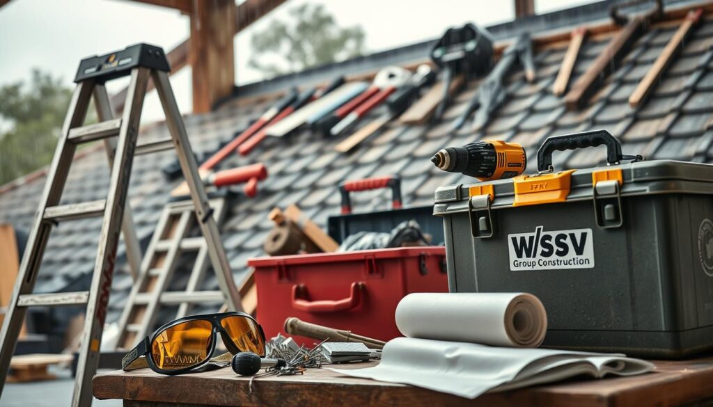 A well-organized workshop space featuring essential roof preparation tools for hurricane readiness. In the foreground, prominently display a sturdy ladder, a high-quality power drill, and a set of safety goggles, all well-lit to emphasize their importance. In the middle ground, include a toolbox filled with roofing nails, tar paper, and a roll of durable, weather-resistant underlayment, showing the tools scattered around to suggest active preparation. The background should have a partially finished roof with tools hanging nearby, under a light drizzle to evoke urgency, reflecting the threat of an impending storm. The lighting should be bright but slightly overcast. A subtle logo of "WSV Group Construction" can be included on the toolbox. The overall mood should feel industrious and focused on safety, showcasing the seriousness of hurricane preparation.