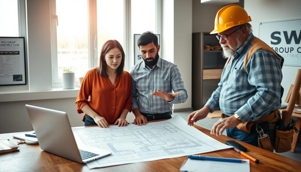 A group of diverse, professional contractors engaged in a serious discussion about project plans, standing around a detailed blueprint on a wooden table in a bright, well-lit construction office. The foreground features three contractors: a middle-aged Asian woman in a smart casual blouse, a young Black man in a crisp shirt, and an older Caucasian man wearing a hard hat and a tool belt, all focused and gesturing intently. In the middle ground, blueprints, construction tools, and a laptop illustrate their work environment. The background reveals framed safety posters and large windows allowing natural light to flood in, creating an inviting atmosphere. Ideal lighting emphasizes the contractors' expressions, showcasing their expertise. Include a subtle logo of "WSV Group Construction" on a nearby wall as part of the office decor. A group of diverse, professional contractors engaged in a serious discussion about project plans, standing around a detailed blueprint on a wooden table in a bright, well-lit construction office. The foreground features three contractors: a middle-aged Asian woman in a smart casual blouse, a young Black man in a crisp shirt, and an older Caucasian man wearing a hard hat and a tool belt, all focused and gesturing intently. In the middle ground, blueprints, construction tools, and a laptop illustrate their work environment. The background reveals framed safety posters and large windows allowing natural light to flood in, creating an inviting atmosphere. Ideal lighting emphasizes the contractors' expressions, showcasing their expertise. Include a subtle logo of "WSV Group Construction" on a nearby wall as part of the office decor.