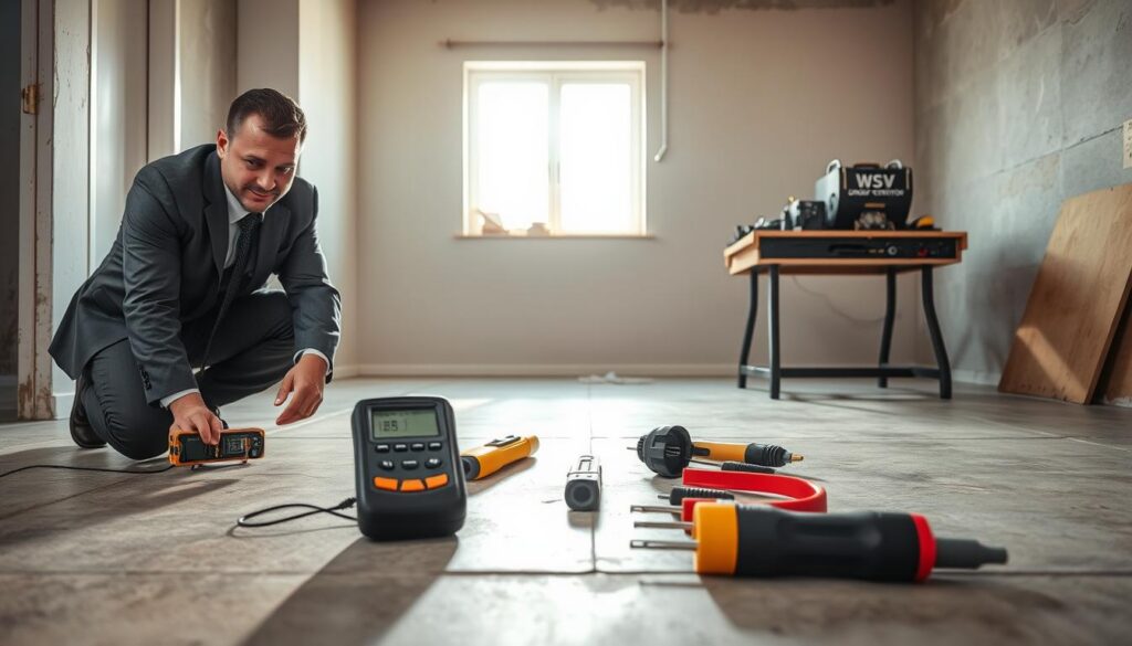 A professional setting depicting a moisture testing scenario for flooring, focusing on a well-lit room with a concrete slab floor. In the foreground, a technician dressed in smart business attire is kneeling beside a moisture meter, carefully measuring moisture levels on the floor. The technician's expression is focused and methodical. In the middle ground, various moisture testing tools are neatly organized on a workbench, showcasing equipment like pin meters and probes. The background features partially renovated walls, hinting at potential flooring problems. Soft natural light filters through a window, casting a warm glow over the scene, creating an atmosphere of diligence and professionalism. The presence of a small "WSV Group Construction" logo on a workbench adds authenticity to the setting.