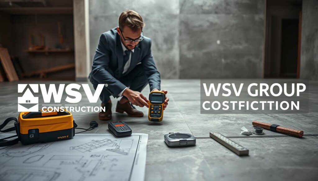 A professional technician in a business outfit conducts moisture testing on concrete floors using a digital moisture meter. The foreground features the technician crouched down, focused on the device, surrounded by open floor plans that reveal various textures of the concrete. In the middle ground, tools like moisture meters and calibrated scales are laid out neatly, emphasizing precision. The background shows a renovated space with smooth slab flooring, soft overhead lighting highlighting the surface textures. The atmosphere conveys professionalism and attention to detail, reflecting the importance of accurate measurements in construction work. The WSV Group Construction logo is subtly integrated into the scene without being obtrusive, enhancing brand presence in a relevant context.